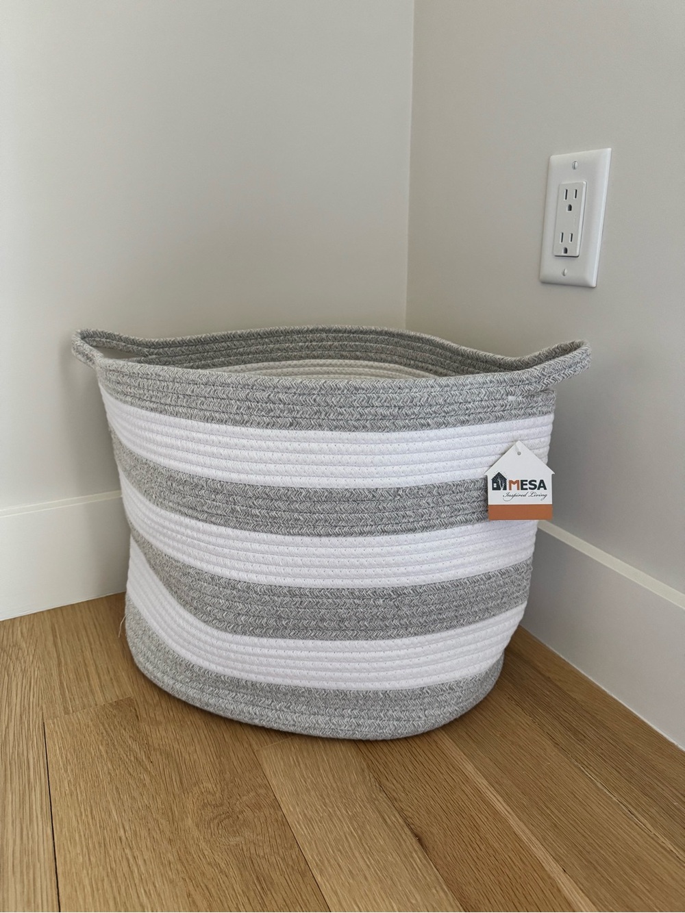 MESA Large Gray & White Woven Rope Storage Basket Bin w/ Handles 16”